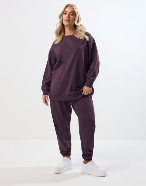 Yours Clothing Crew neck sweatshirt & jogger set in purple - view 1