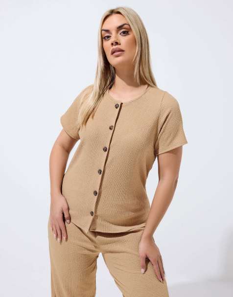Yours Clothing Crinkle short sleeve top in natural