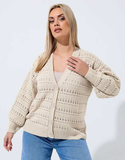 Yours Clothing Crochet balloon sleeve cardigan in natural - view 1