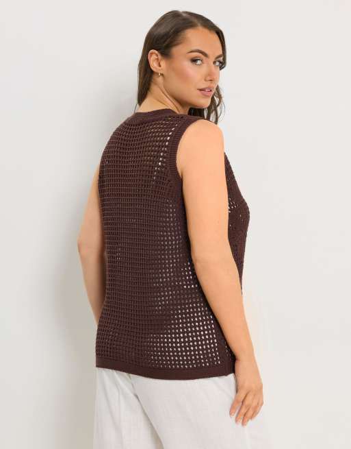 Yours Clothing Crochet knitted waistcoat in brown, 3 of 4