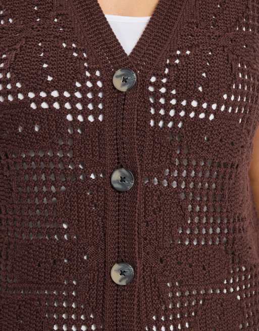 Yours Clothing Crochet knitted waistcoat in brown, 4 of 4