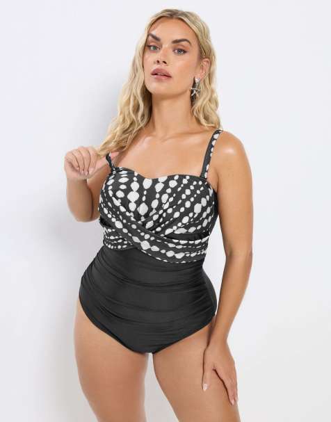 Yours Clothing Crossover spot print swimsuit in black - view 1