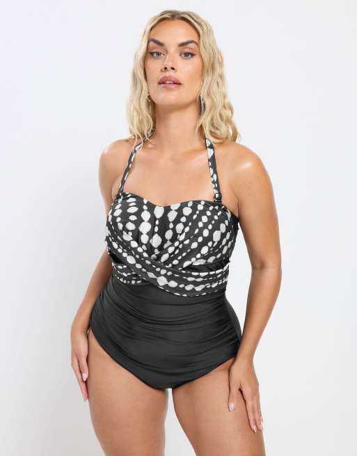 Yours Clothing Crossover spot print swimsuit in black, 3 of 4
