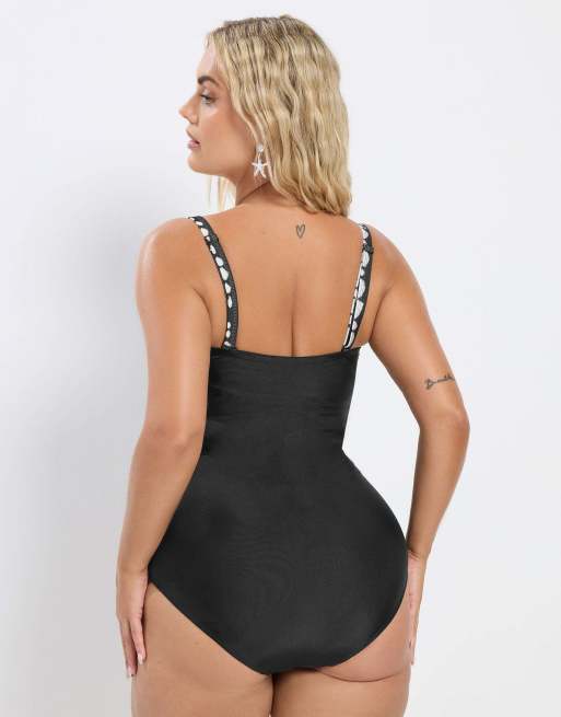 Yours Clothing Crossover spot print swimsuit in black, 4 of 4