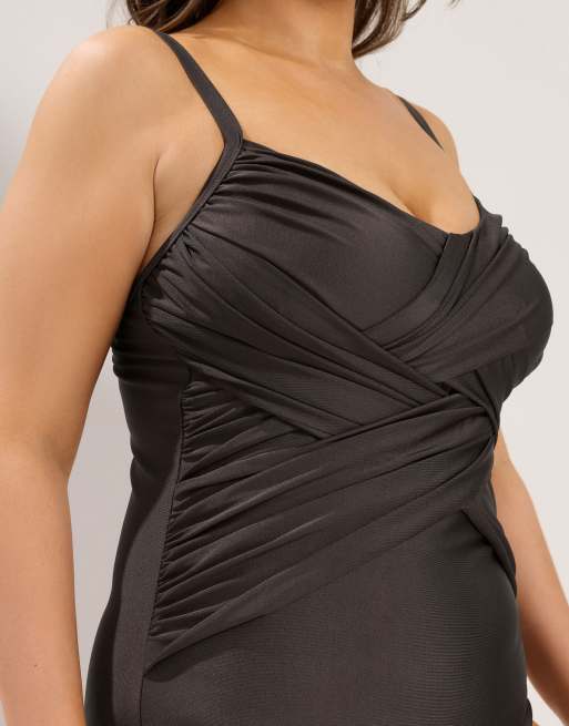 Yours Clothing Crossover super sculpt swimsuit in brown, 4 of 4