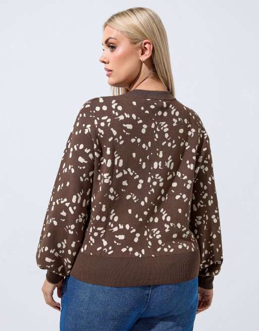 Yours Clothing Deer print cardigan in brown, 3 of 4