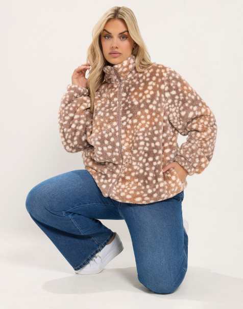 Yours Clothing Deer print zip through fleece in brown - view 1