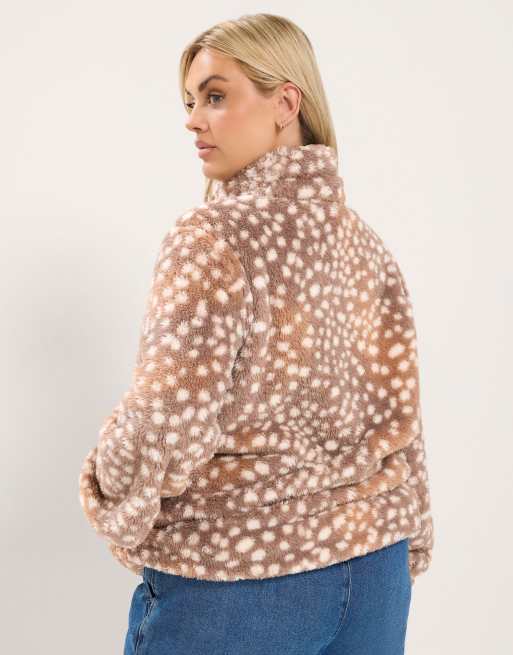 Yours Clothing Deer print zip through fleece in brown, 3 of 4