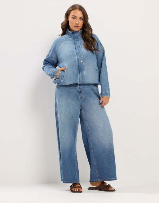 Yours Clothing Denim funnel neck bomber jacket in blue, 2 of 4