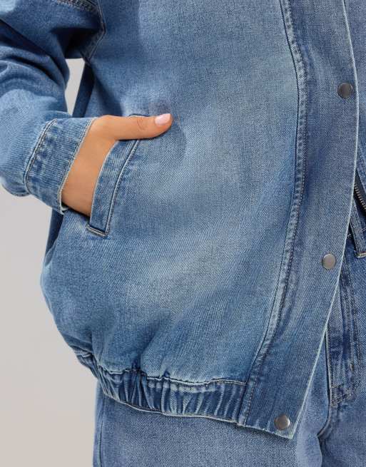 Yours Clothing Denim funnel neck bomber jacket in blue, 4 of 4