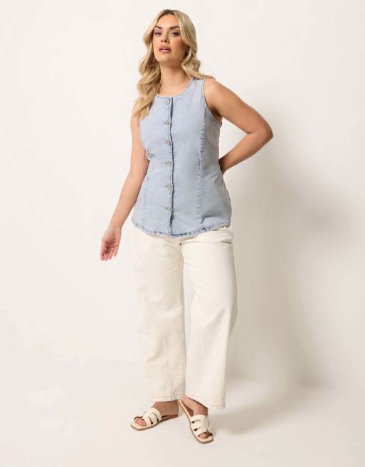Yours Clothing Denim longline waistcoat in blue, 2 of 4