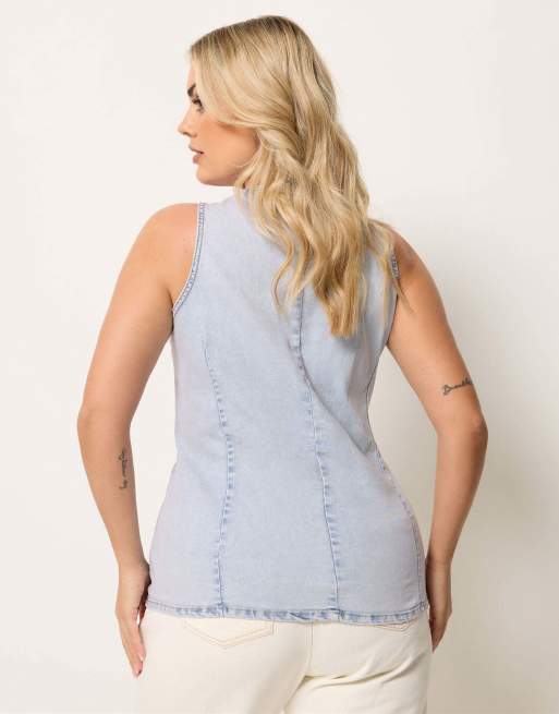 Yours Clothing Denim longline waistcoat in blue, 4 of 4