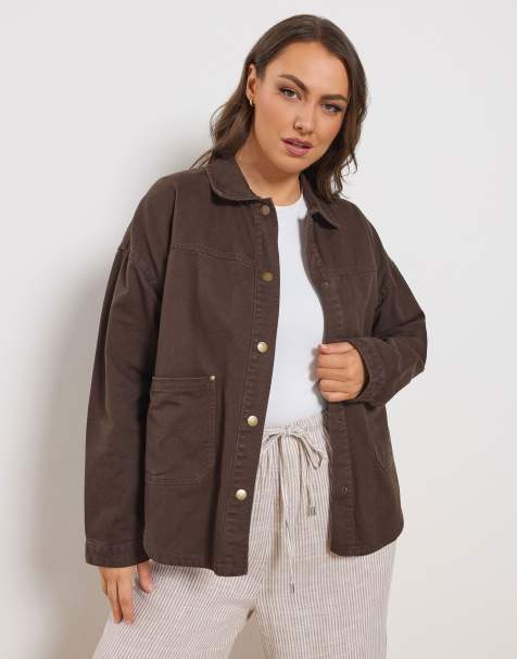 Yours Clothing Denim shacket in brown - view 1