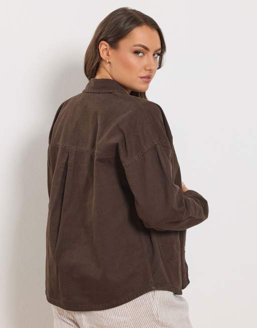 Yours Clothing Denim shacket in brown, 3 of 4