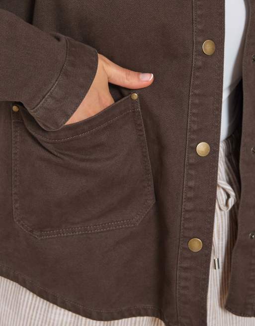 Yours Clothing Denim shacket in brown, 4 of 4