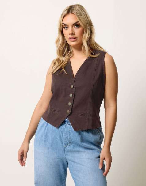Yours Clothing Denim waistcoat in brown