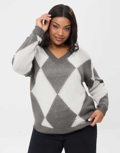 Yours Clothing Diamond v-neck jumper in grey - view 1