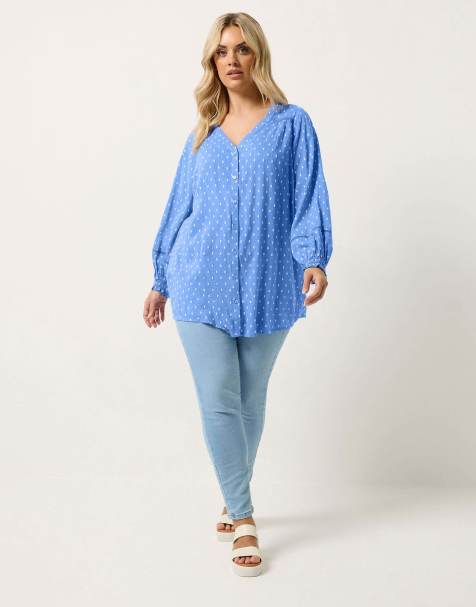 Yours Clothing Dobby long sleeve top in blue - view 1