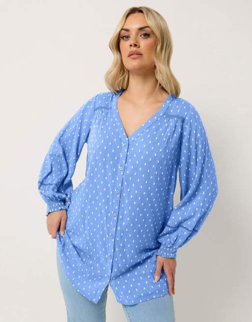 Yours Clothing Dobby long sleeve top in blue, 3 of 4