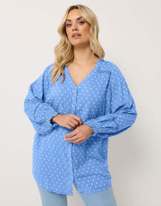 Yours Clothing Dobby long sleeve top in blue, 4 of 4