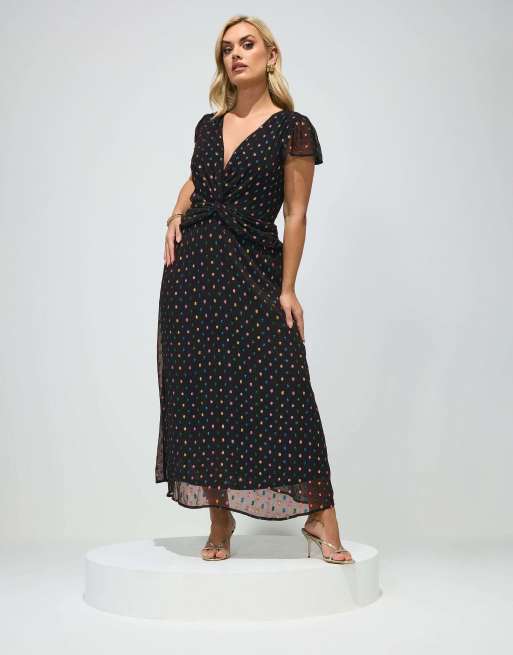 Yours Clothing Dobby twist front maxi dress in black, 2 of 4