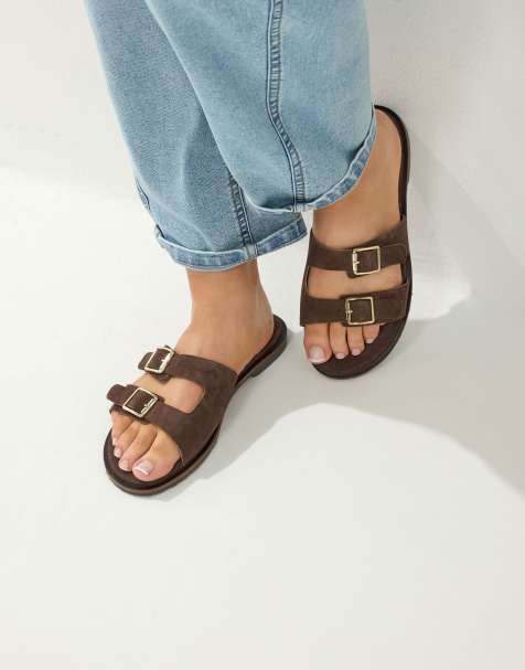 Yours Clothing Double buckle footed mule in extra wide eee fit in brown - view 1