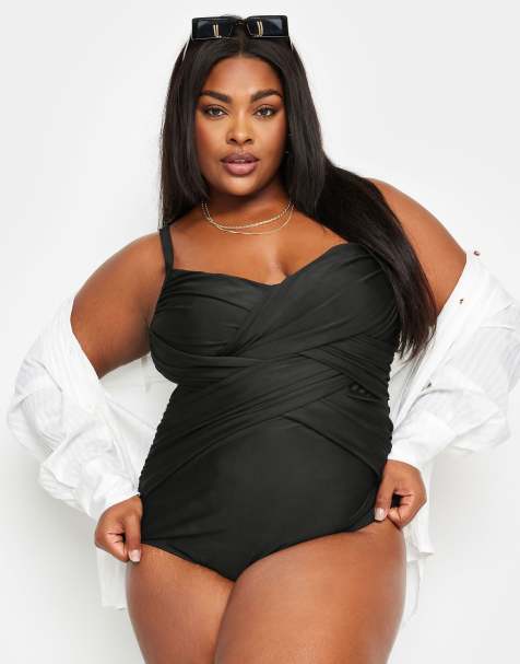Yours Clothing Double crossover tummy control swimsuit in black - view 1