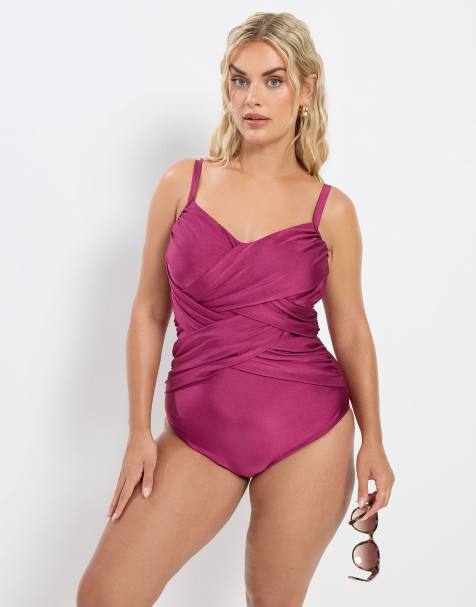 Yours Clothing Double crossover tummy control swimsuit in red - view 1