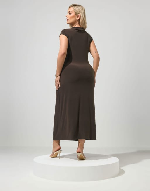 Yours Clothing Drape maxi dress in brown, 3 of 4