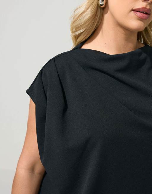 Yours Clothing Drape shoulder top in black, 4 of 4