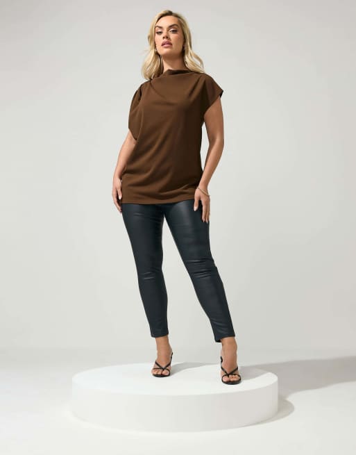 Yours Clothing Drape shoulder top in brown, 2 of 4