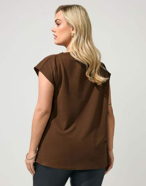 Yours Clothing Drape shoulder top in brown, 3 of 4