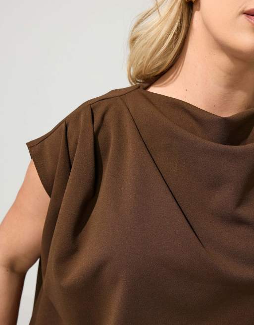 Yours Clothing Drape shoulder top in brown, 4 of 4