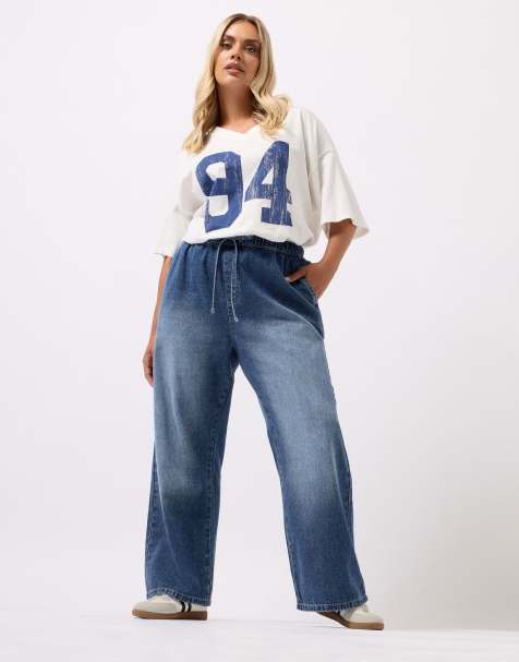Yours Clothing Drawstring wide leg jeans in blue - view 1