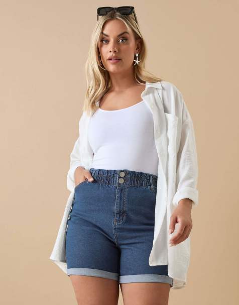 Yours Clothing Elasticated turn up denim shorts in blue - view 1