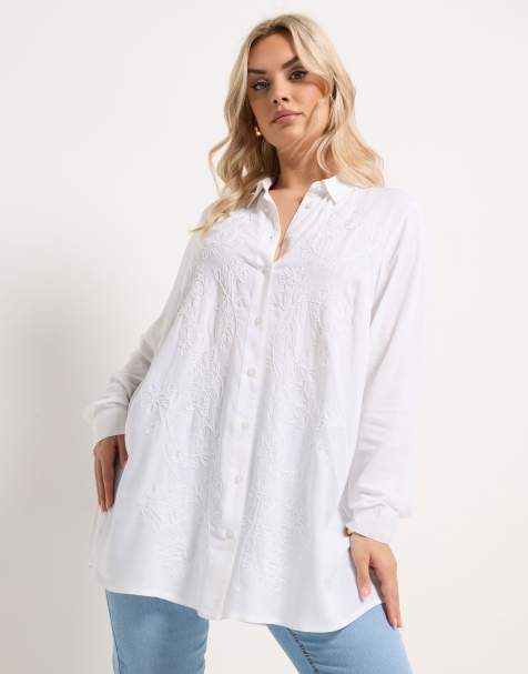 Yours Clothing Embroidered placket shirt in white - view 1