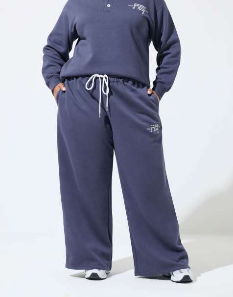 Yours Clothing Embroidered wide leg joggers in navy - view 1
