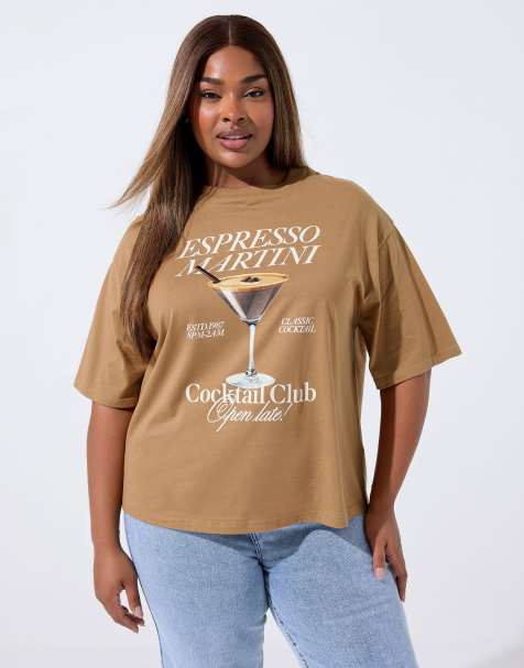 Yours Clothing 'espresso martini' slogan t-shirt in brown - view 1