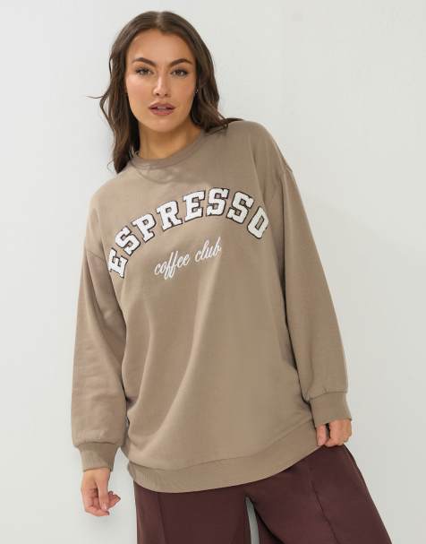 Yours Clothing 'espresso' slogan sweatshirt in brown
