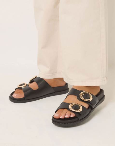 Yours Clothing Extra wide fit brushed buckle mules in black - view 1