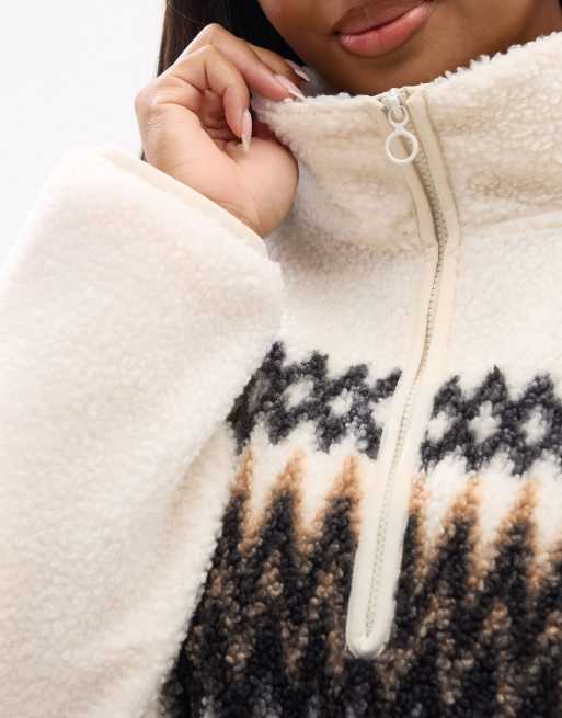 Yours Clothing Fairisle quarter zip fleece in natural, 2 of 4