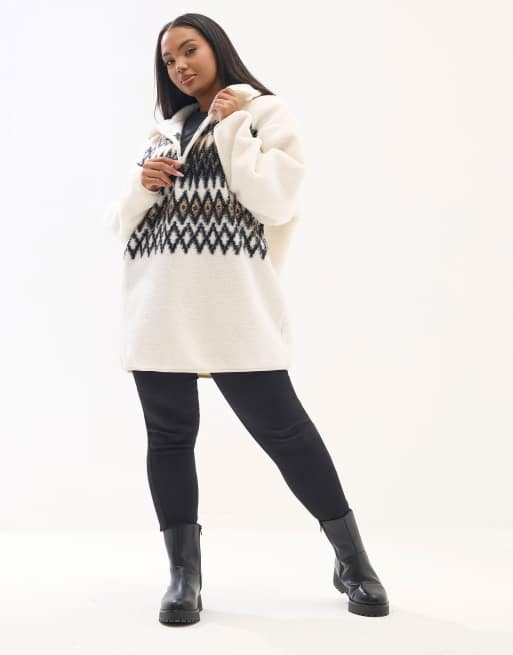 Yours Clothing Fairisle quarter zip fleece in natural, 4 of 4