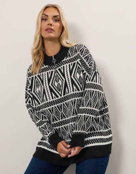 Yours Clothing Fairisle quarter zip jumper in black - view 1