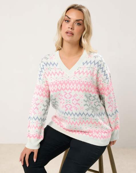 Yours Clothing Fairisle v-neck knitted jumper in white - view 1