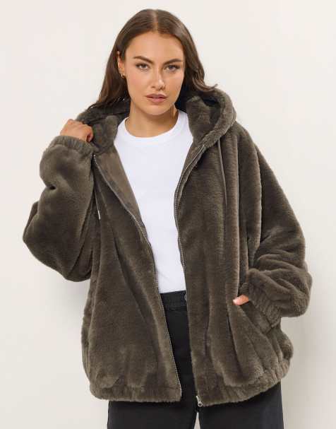 Yours Clothing Faux fur hooded jacket in brown - view 1