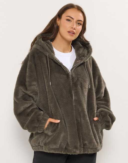 Yours Clothing Faux fur hooded jacket in brown, 4 of 4