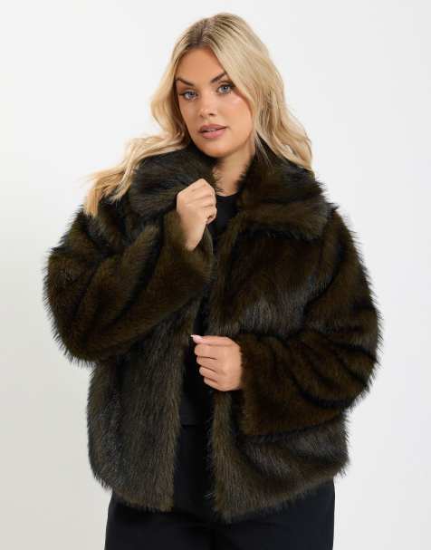 Yours Clothing Faux fur tipped coat in brown - view 1