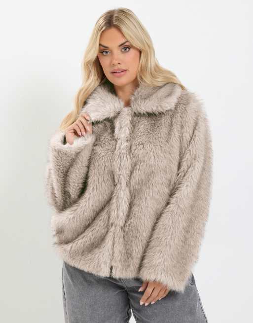 Yours Clothing Faux fur tipped coat in grey, 2 of 4