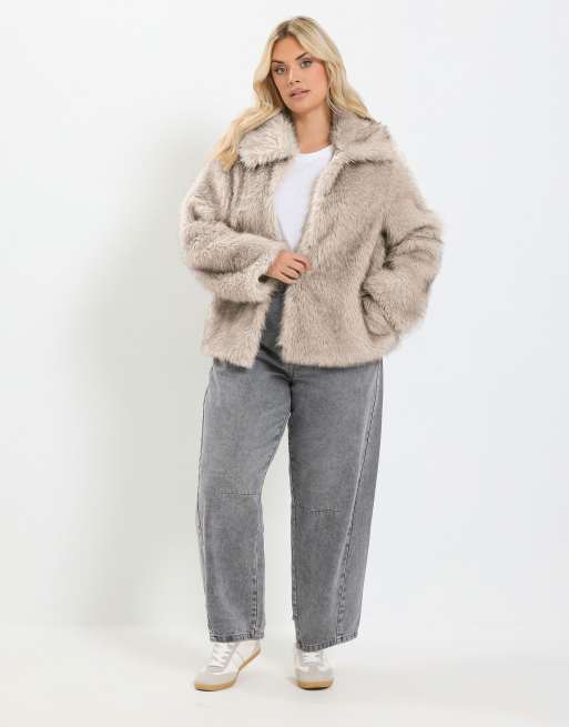 Yours Clothing Faux fur tipped coat in grey, 3 of 4