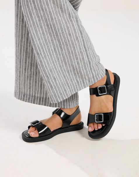 Yours Clothing Faux leather buckle strap sandals in wide e fit and extra wide eee fit in black - view 1
